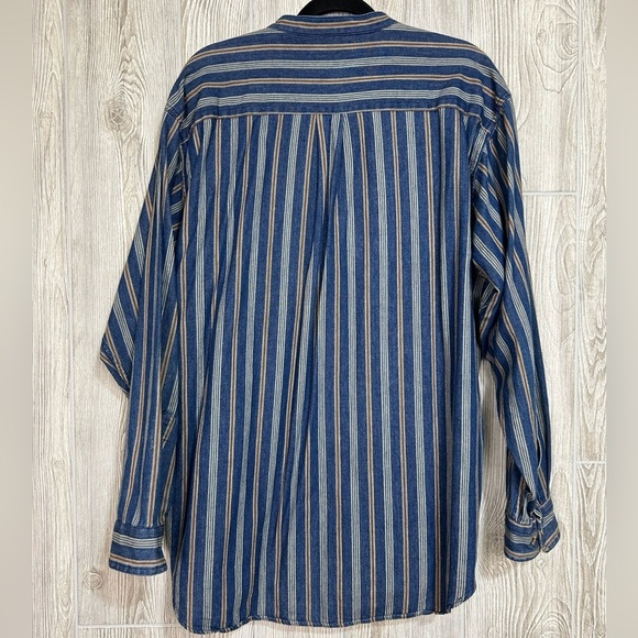 90s Mens Pinstriped Long Sleeve Denim Shirt Band Collar Hunt Club Size XL - Picture 9 of 15